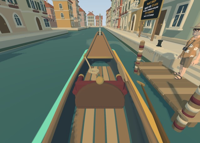 The gondola lined up beside a wooden landing where a tourist waits
