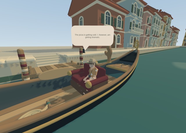 A seated passenger with a speech bubble in the gondola